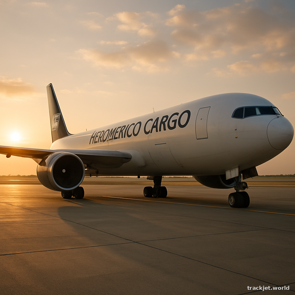 Photorealistic shot of an AeroMexico Cargo cargo aircraft on the tarmac, golden hour, wide-angle lens, professional editorial photography, no text overlays.