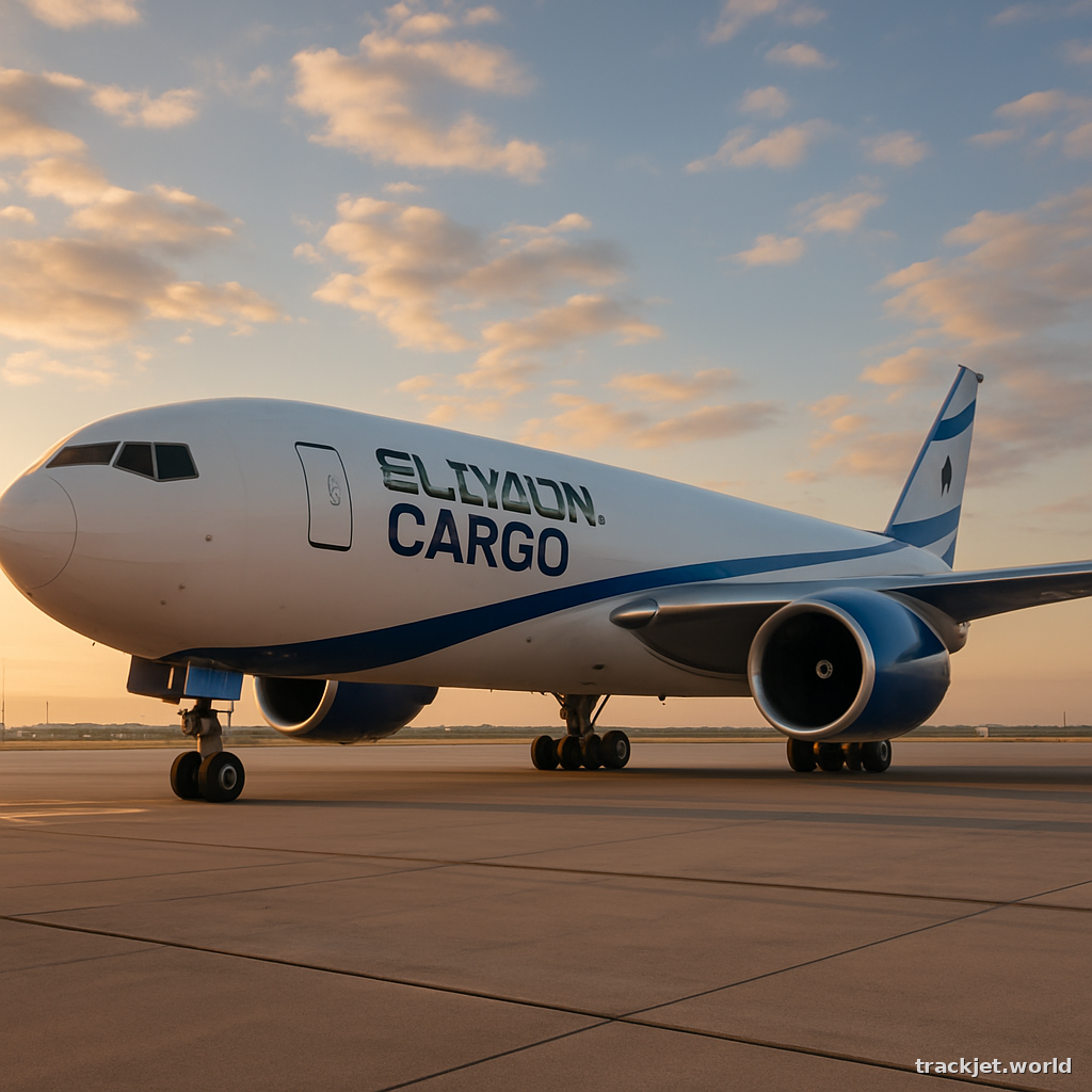 Photorealistic shot of an El Al cargo aircraft on the tarmac, golden hour, wide-angle lens, professional editorial photography, no text overlays.