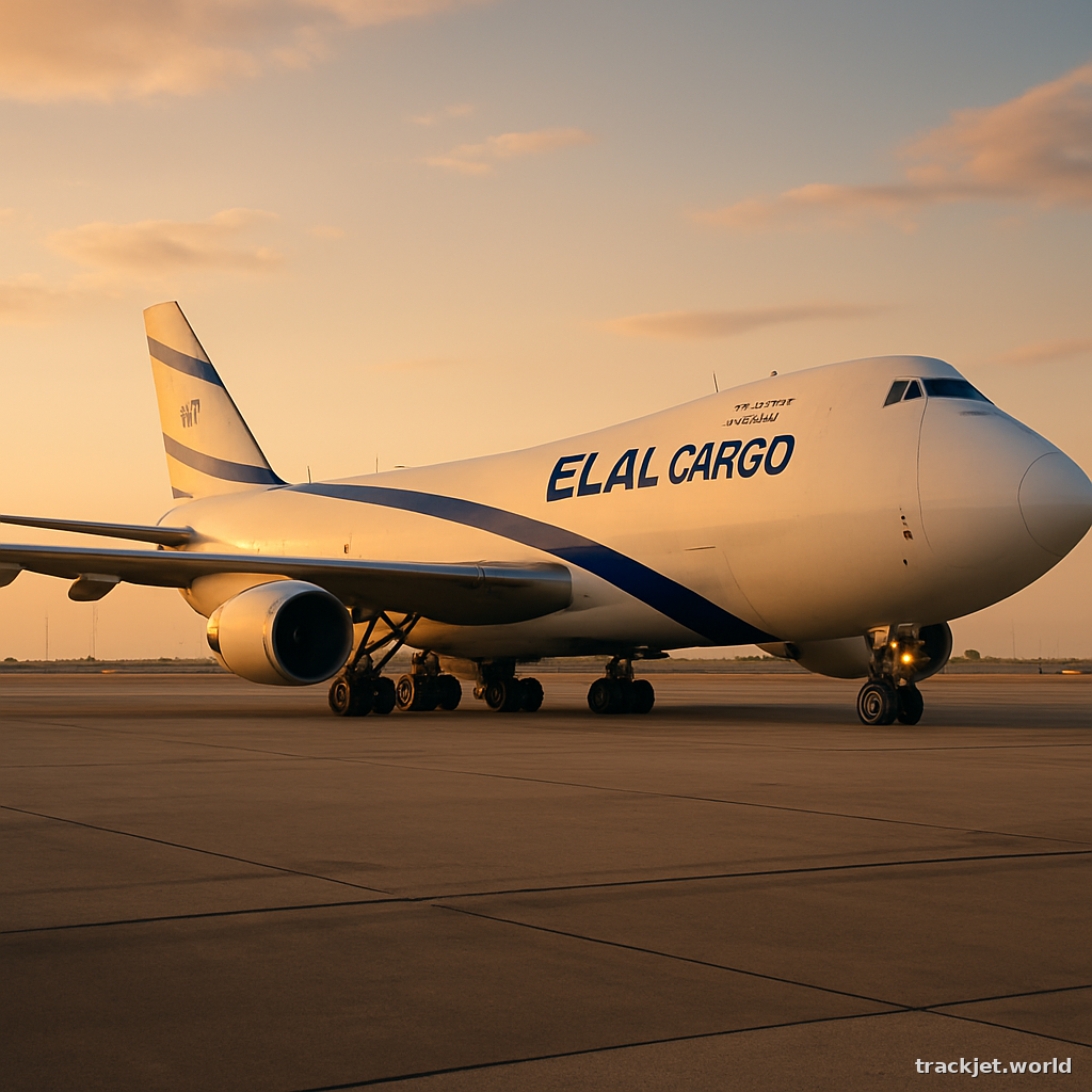 Photorealistic shot of an El Al cargo aircraft on the tarmac, golden hour, wide-angle lens, professional editorial photography, no text overlays.