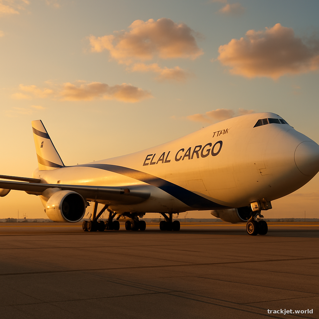 Photorealistic shot of an El Al cargo aircraft on the tarmac, golden hour, wide-angle lens, professional editorial photography, no text overlays.