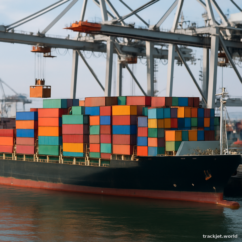 Photorealistic shot of a container ship stacked with colorful shipping containers at a deep-water port, cranes working, natural light, shallow depth of field, professional editorial photography, photo