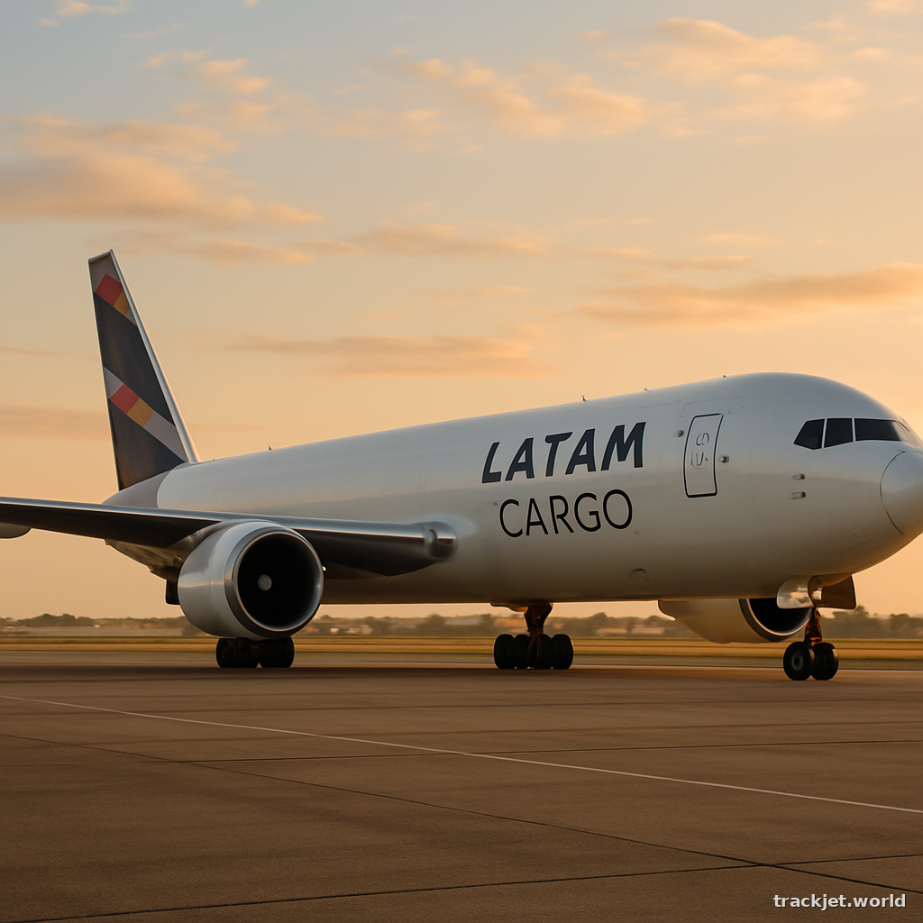 Photorealistic shot of an LATAM Airlines Group cargo aircraft on the tarmac, golden hour, wide-angle lens, professional editorial photography, no text overlays.