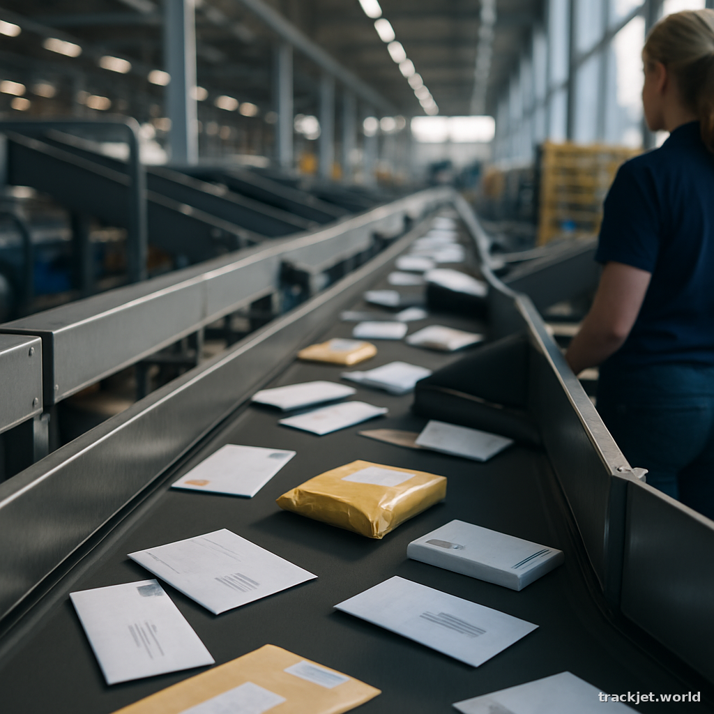 Photorealistic shot of a modern postal sorting center with conveyor belts moving letters and small packets, natural light, shallow depth of field, professional editorial photography, photorealistic, n