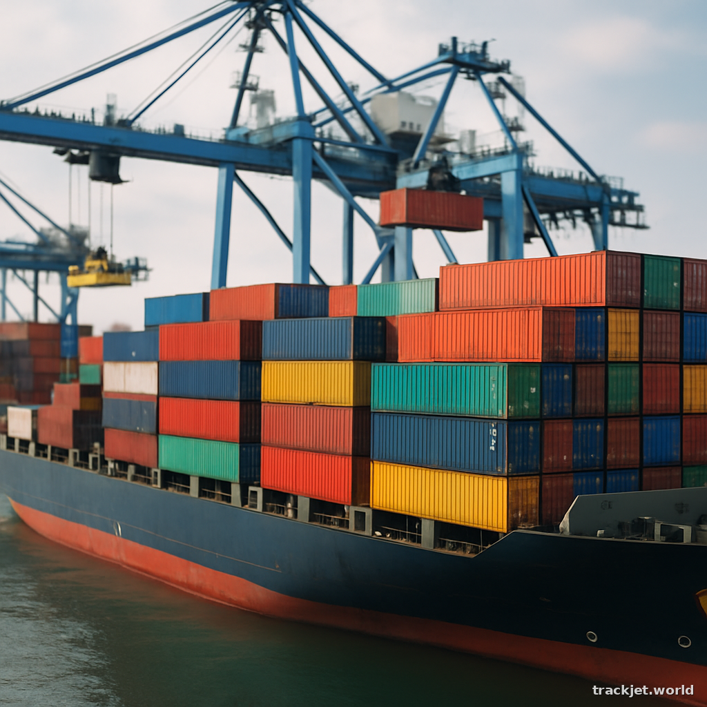 Photorealistic shot of a container ship stacked with colorful shipping containers at a deep-water port, cranes working, natural light, shallow depth of field, professional editorial photography, photo