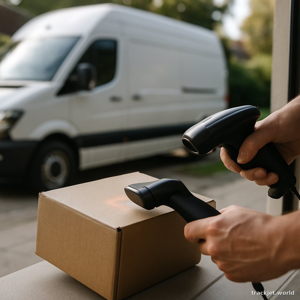 Photorealistic shot of a courier van and a parcel being scanned with a handheld barcode reader at a doorstep, natural light, shallow depth of field, professional editorial photography, photorealistic,
