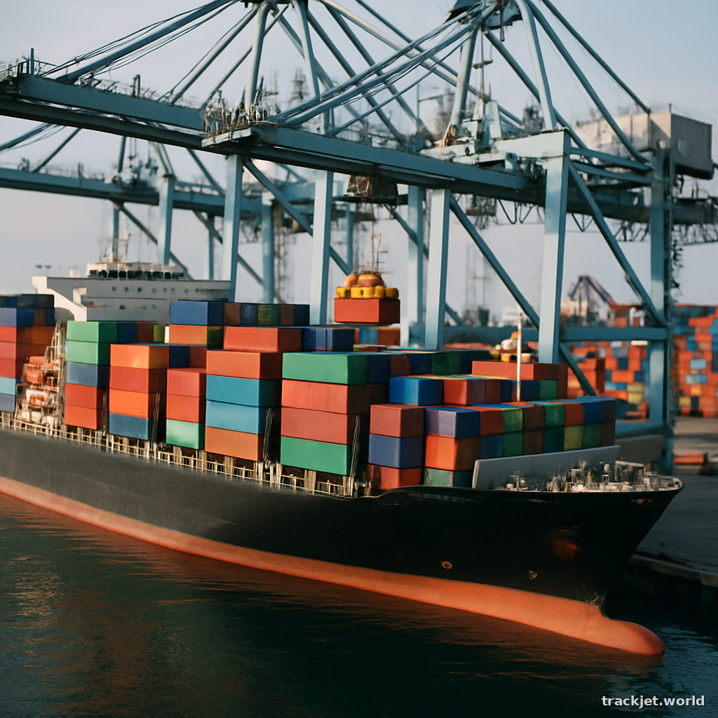 Photorealistic shot of a container ship stacked with colorful shipping containers at a deep-water port, cranes working, natural light, shallow depth of field, professional editorial photography, photo