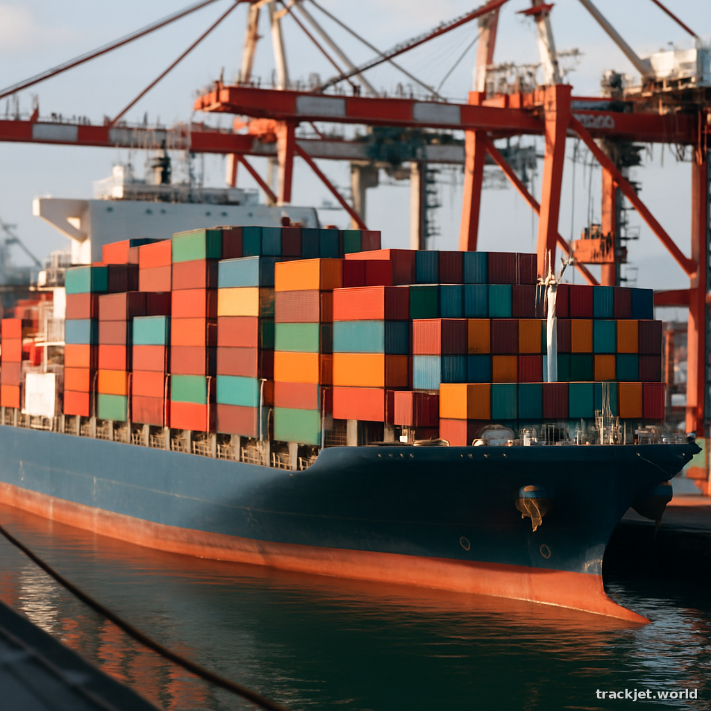 Photorealistic shot of a container ship stacked with colorful shipping containers at a deep-water port, cranes working, natural light, shallow depth of field, professional editorial photography, photo