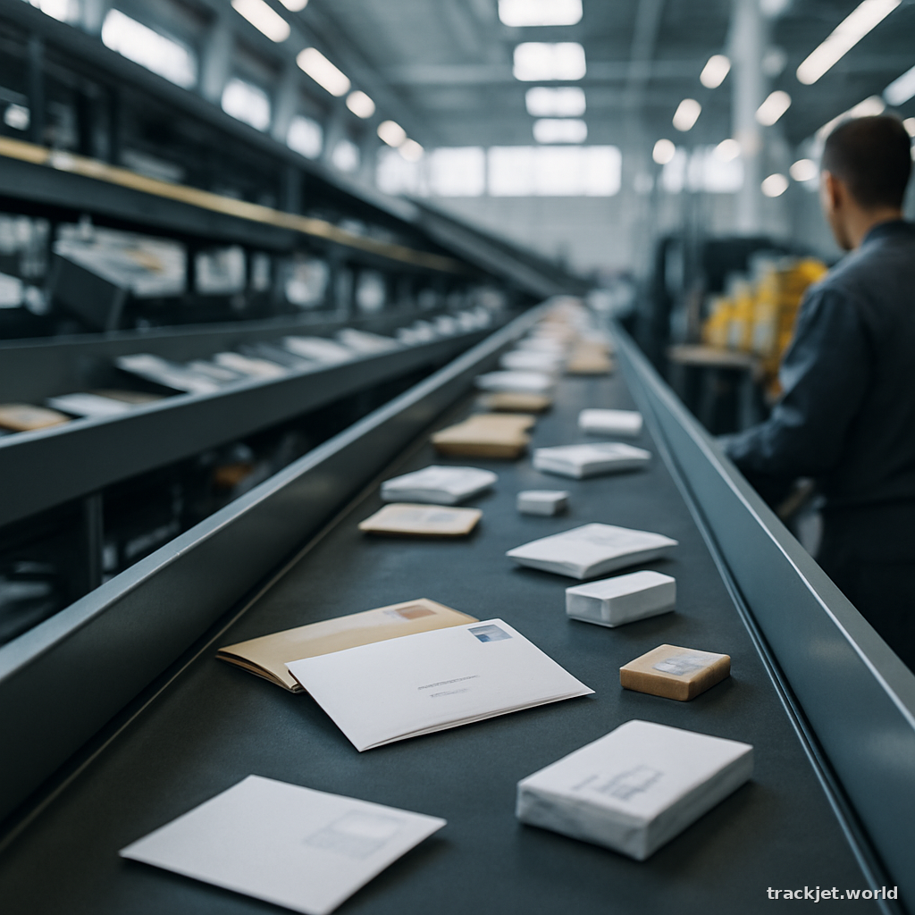Photorealistic shot of a modern postal sorting center with conveyor belts moving letters and small packets, natural light, shallow depth of field, professional editorial photography, photorealistic, n