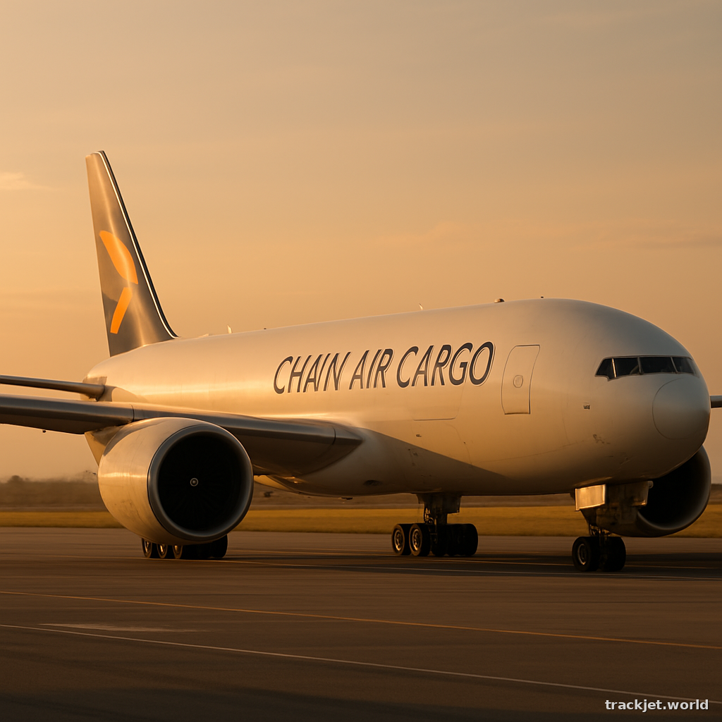 Photorealistic shot of a Chain Air Cargo cargo aircraft on the tarmac, golden hour, professional editorial photography, no text overlays.