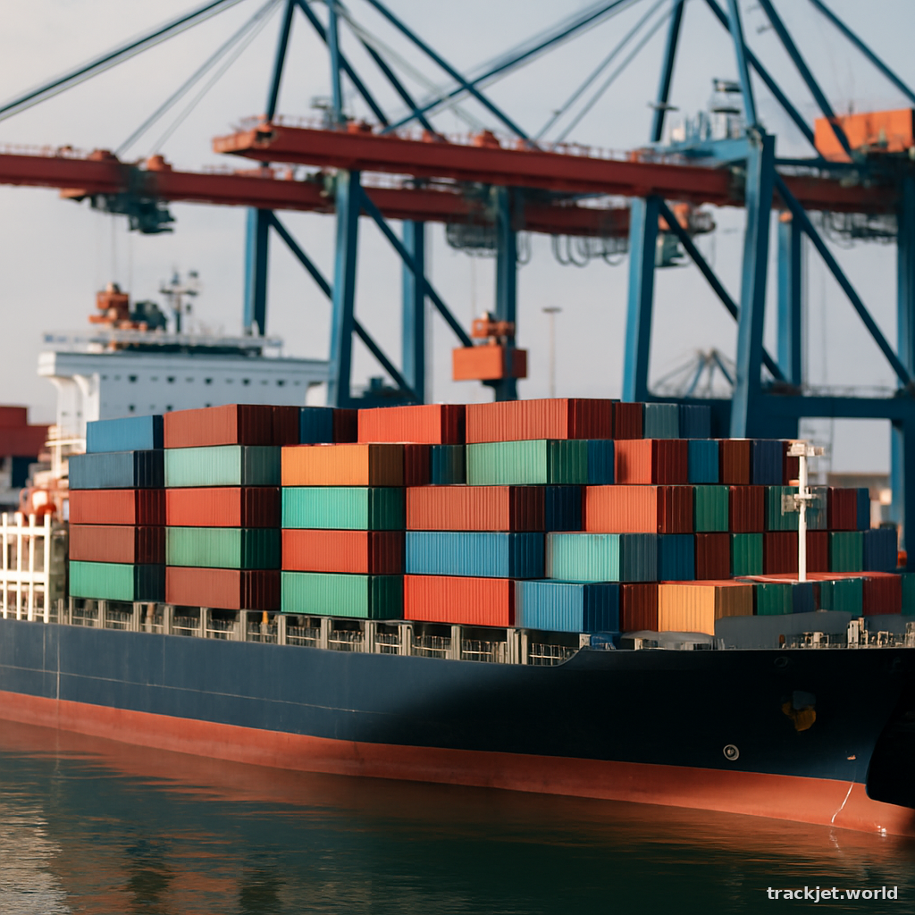 Photorealistic shot of a container ship stacked with colorful shipping containers at a deep-water port, cranes working, natural light, shallow depth of field, professional editorial photography, photo