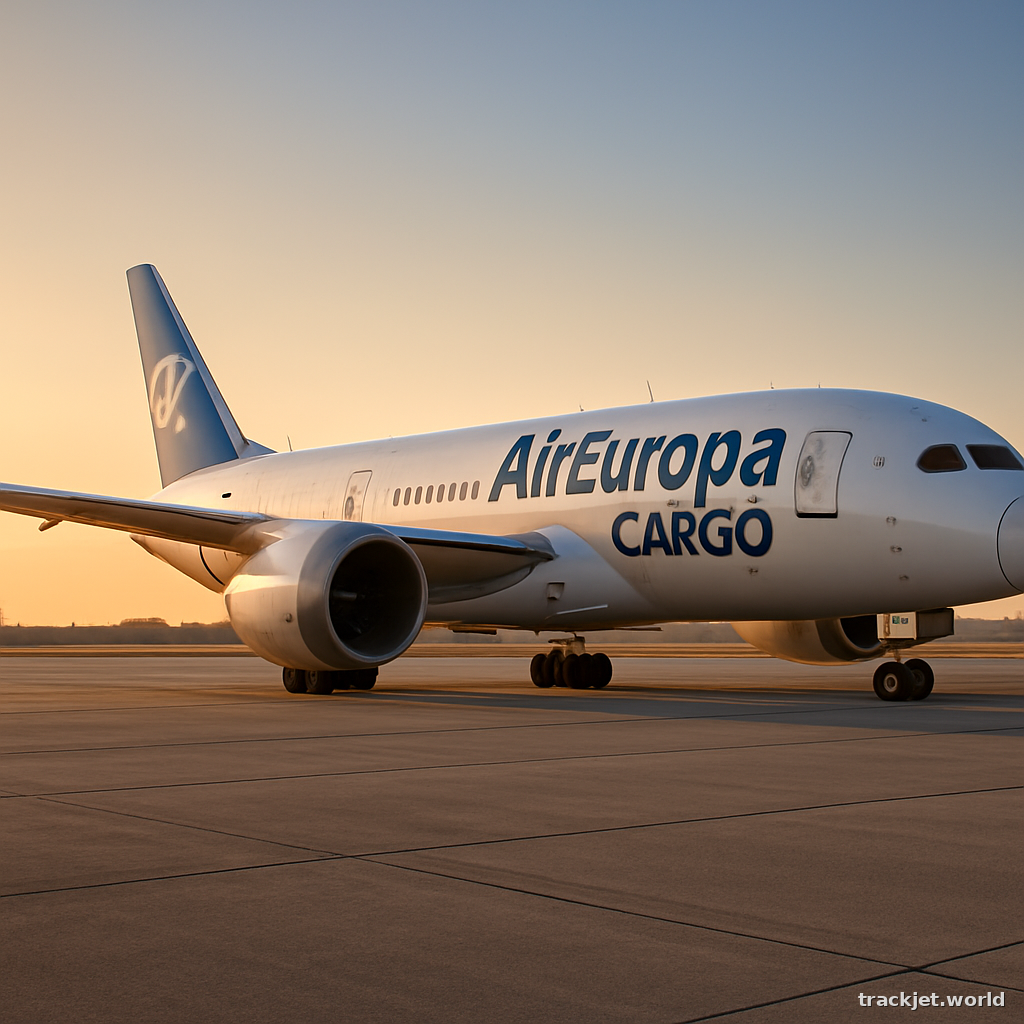 Photorealistic shot of an Air Europa Cargo cargo aircraft on the tarmac, golden hour, wide-angle lens, professional editorial photography, no text overlays.