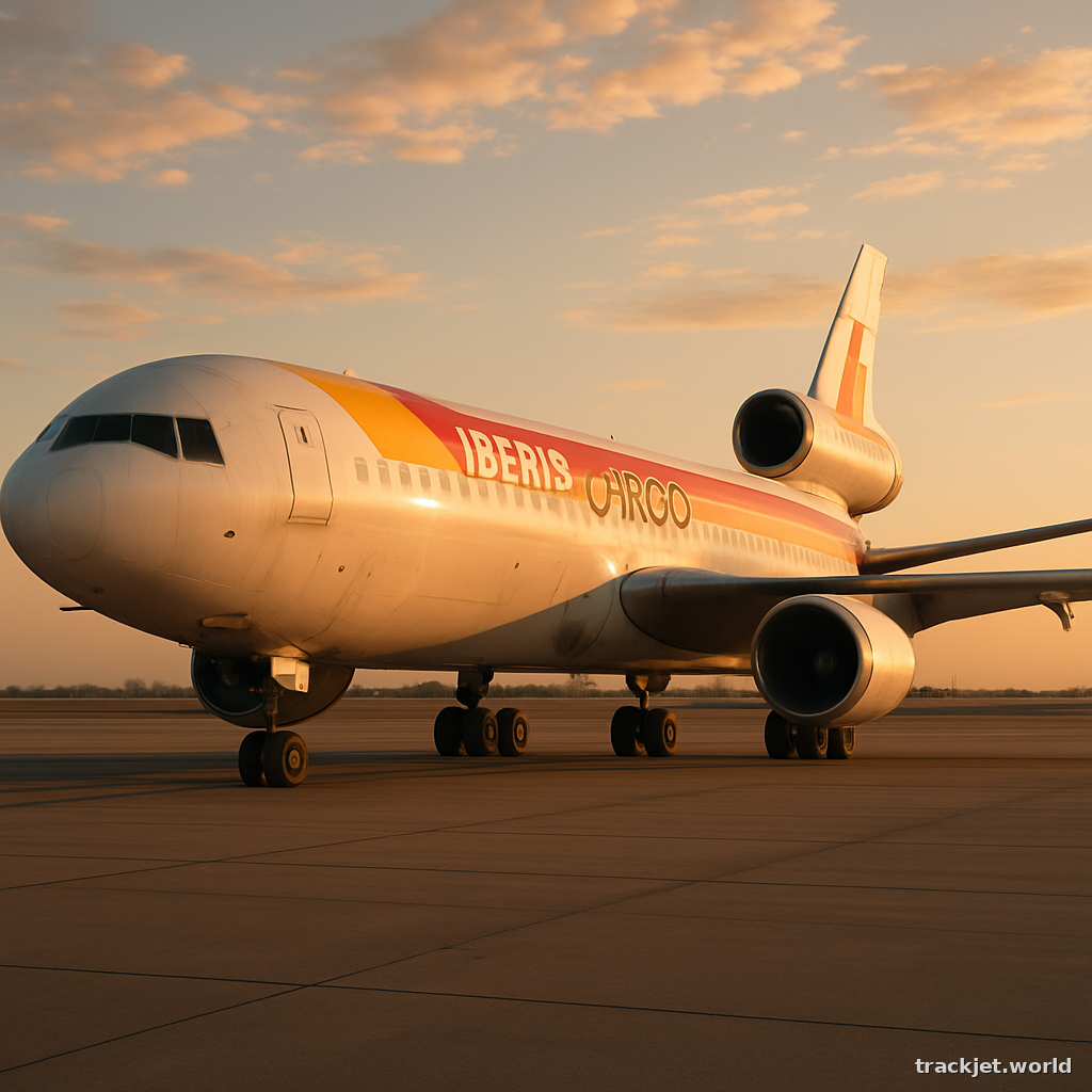 Photorealistic shot of an Iberia Cargo cargo aircraft on the tarmac, golden hour, wide-angle lens, professional editorial photography, no text overlays.