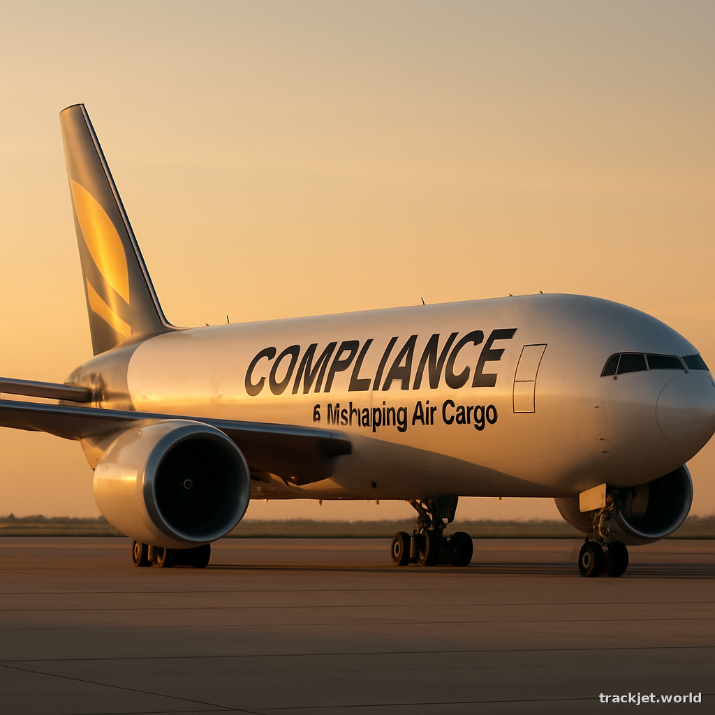Photorealistic shot of a Compliance Is Reshaping Air Cargo cargo aircraft on the tarmac, golden hour, professional editorial photography, no text overlays.