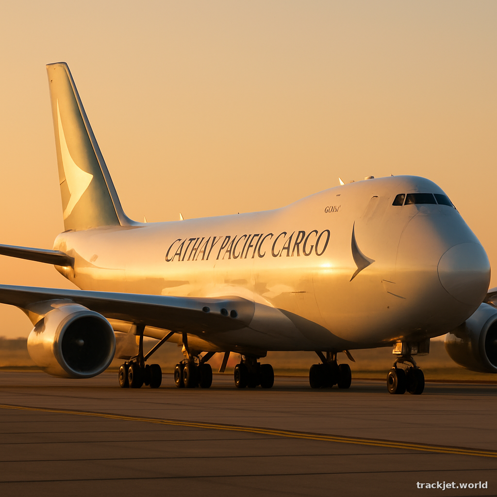 Photorealistic shot of a Cathay Pacific Cargo cargo aircraft on the tarmac, golden hour, professional editorial photography, no text overlays.