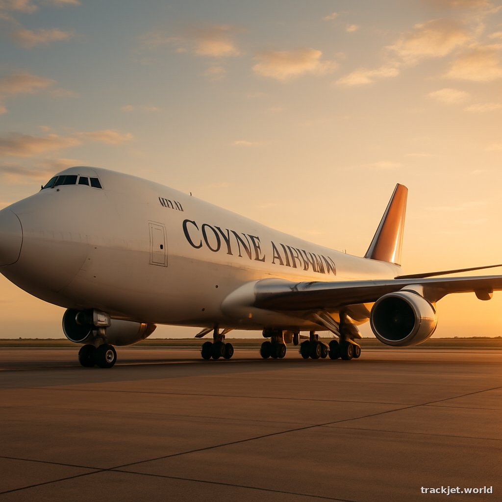 Photorealistic shot of an Coyne Airways cargo aircraft on the tarmac, golden hour, wide-angle lens, professional editorial photography, no text overlays.